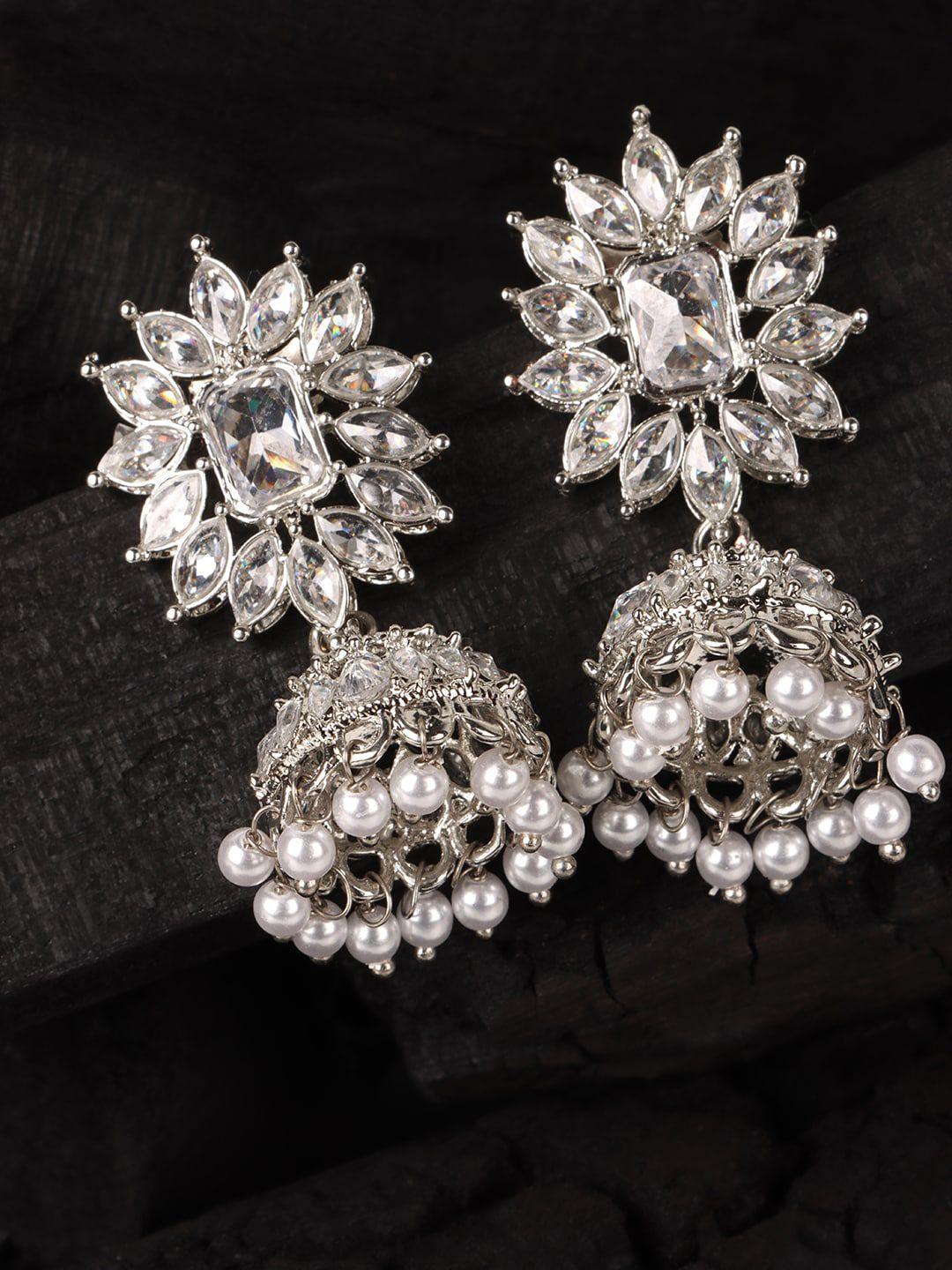 jewels gehna silver-toned & white dome shaped jhumkas earrings