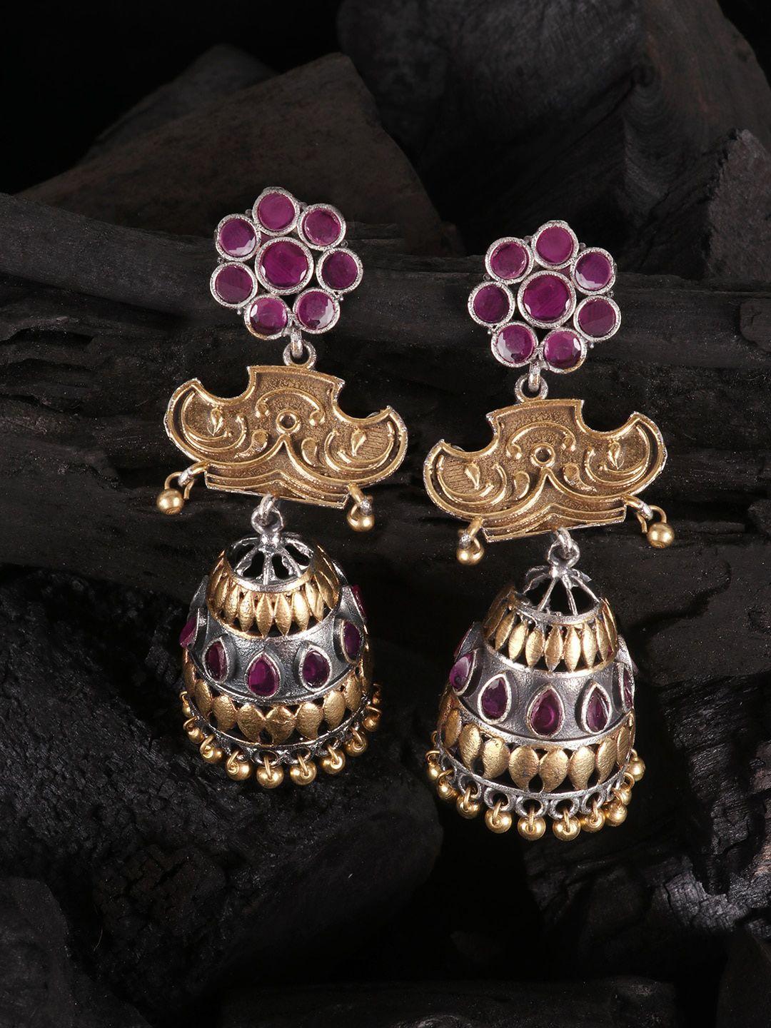 jewels gehna silver-toned and gold-toned oxidized contemporary jhumkas earrings