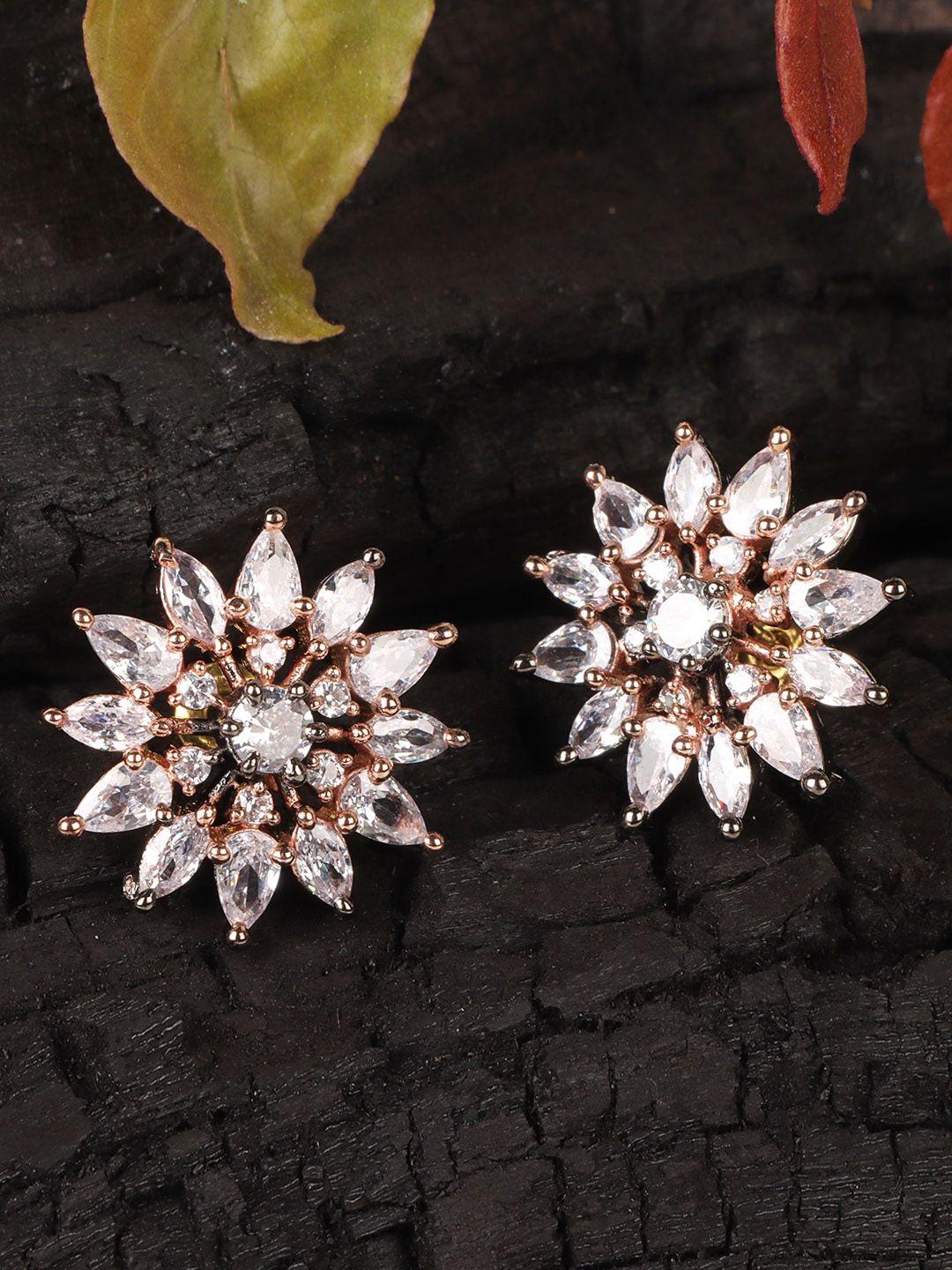 jewels gehna white & rhodium plated floral studs earrings