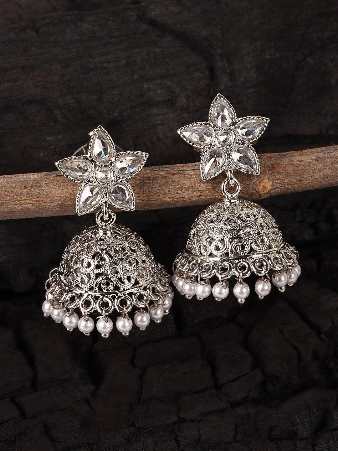 jewels gehna white & silver plated floral jhumkas earrings