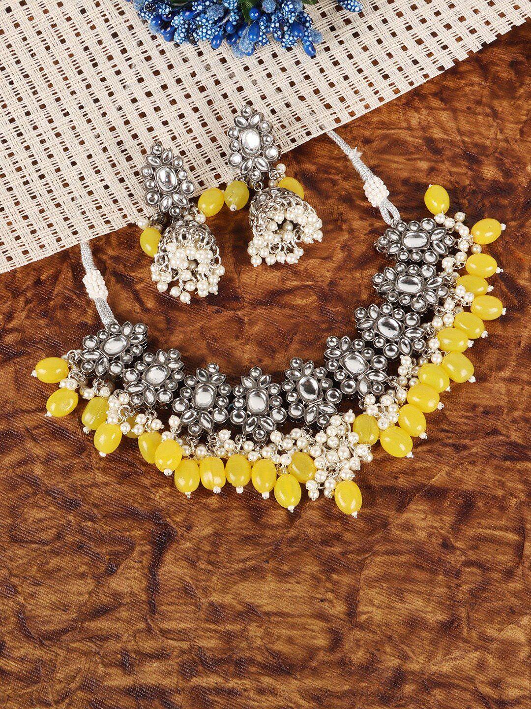 jewels gehna women yellow & white rhodium-plated stone studded & beaded jewellery set