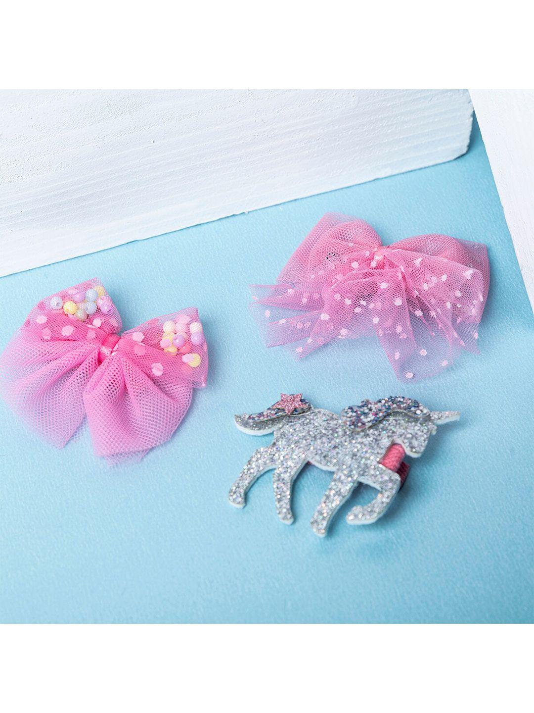 jewelz girls pink & silver-toned set of 3 alligator hair clip