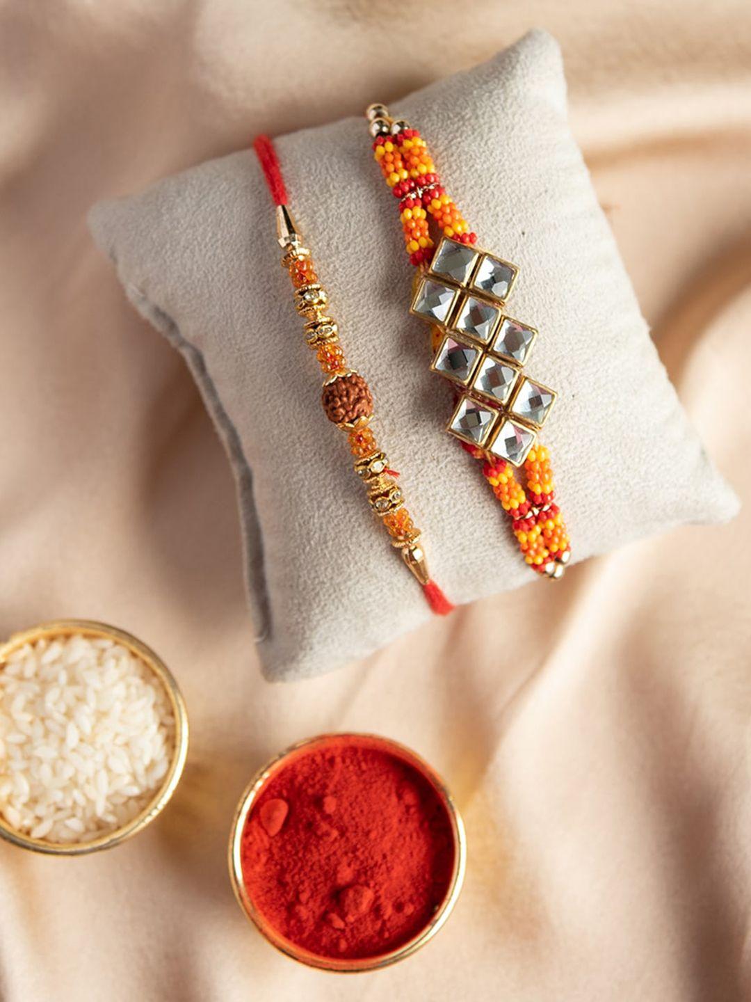 jewelz unisex set of 2 stones & beads thread rakhi with roli & chawal