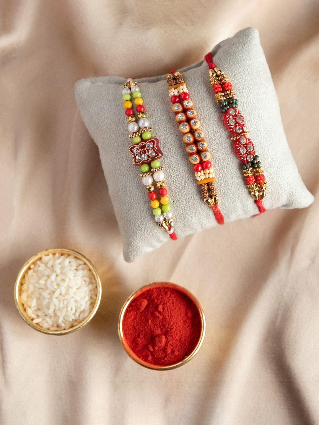 jewelz unisex set of 3 beads rakhi with roli & chawal