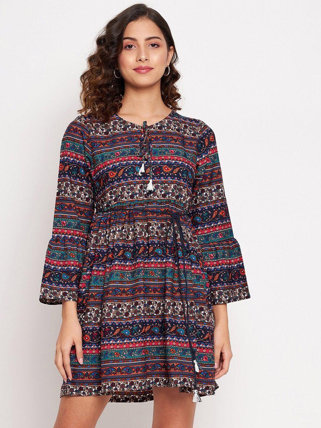 jhankhi multicoloured tie-up neck fit and flare boho dress