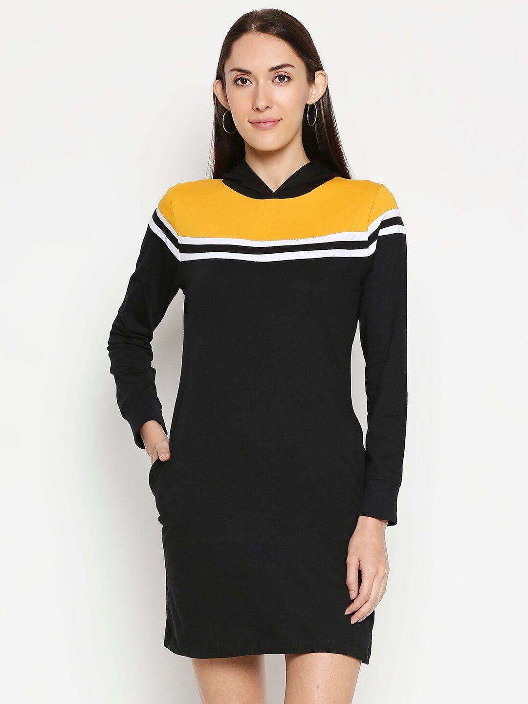 jhankhi black & yellow colourblocked hooded jumper dress