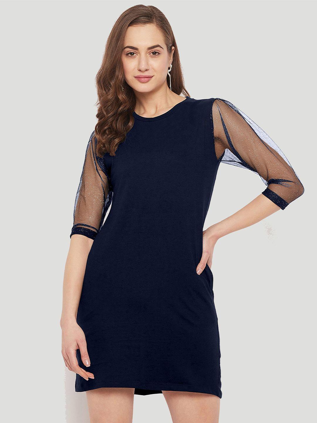 jhankhi blue solid a-line dress with net sleeves