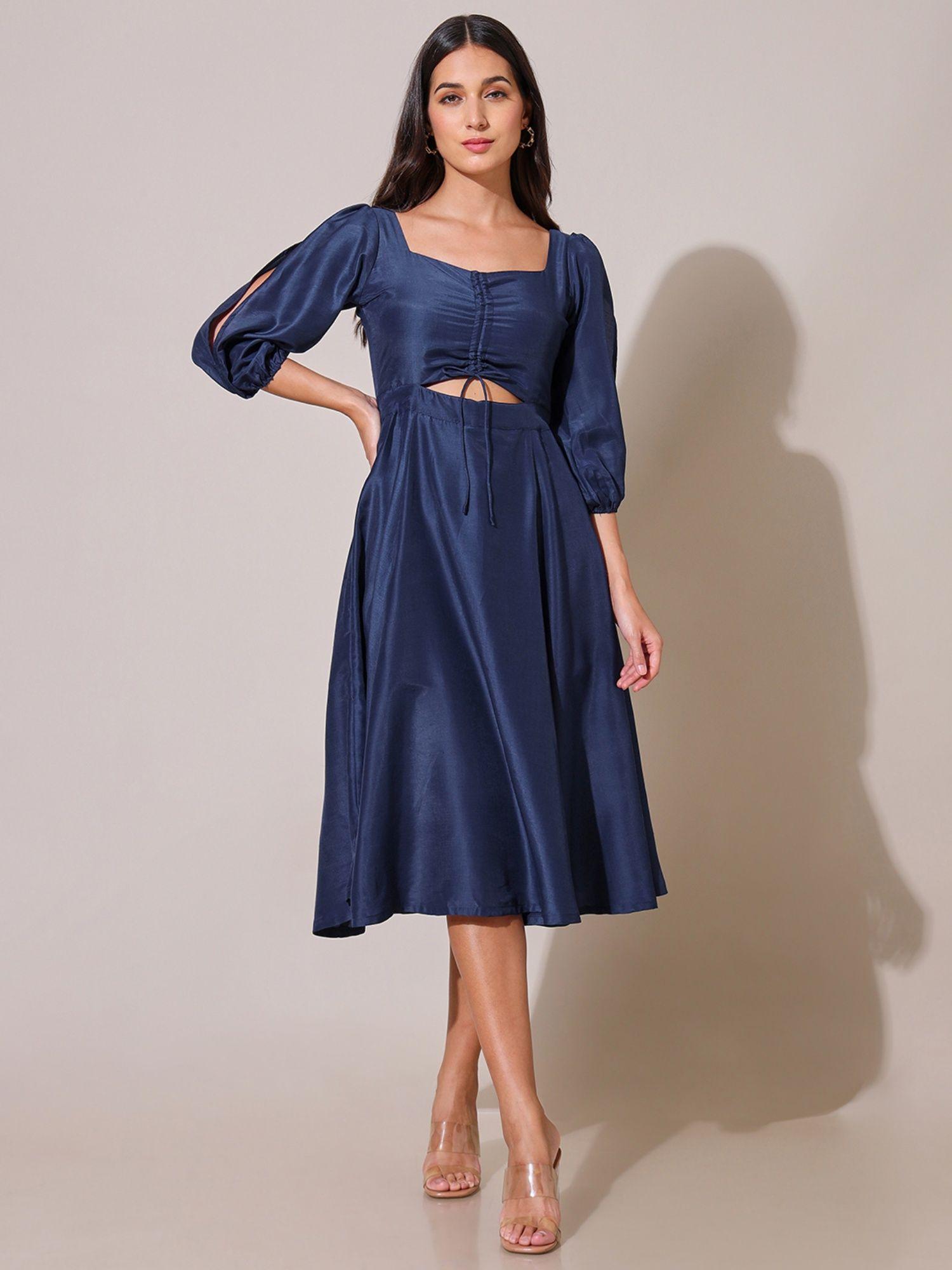 jheel solid navy cutout dress