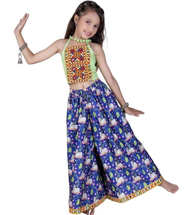 jilmil girl's ethnic green & blue palazzo with blouse set of 2