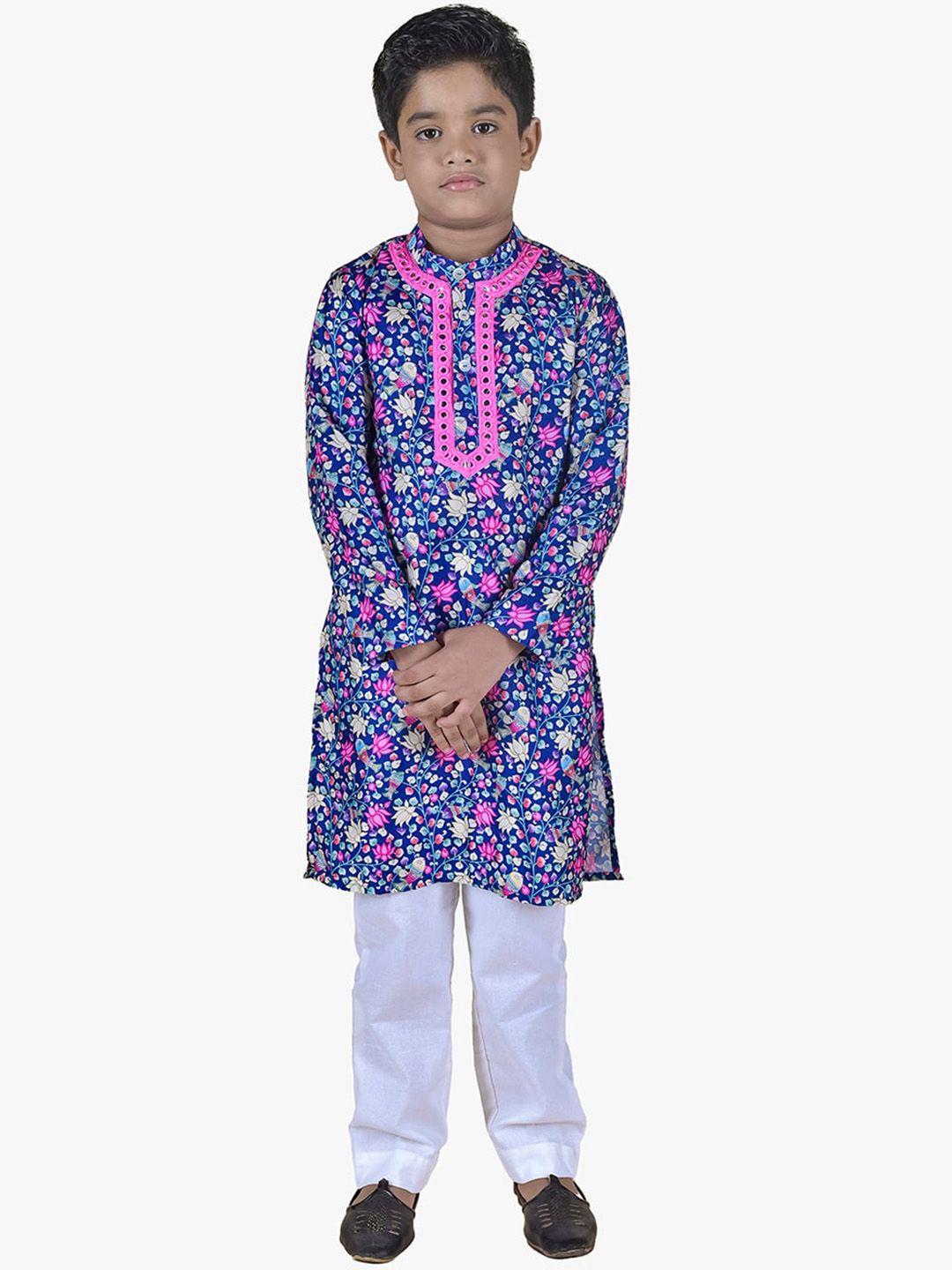 jilmil boys floral printed band collar mirror work kurta with trousers