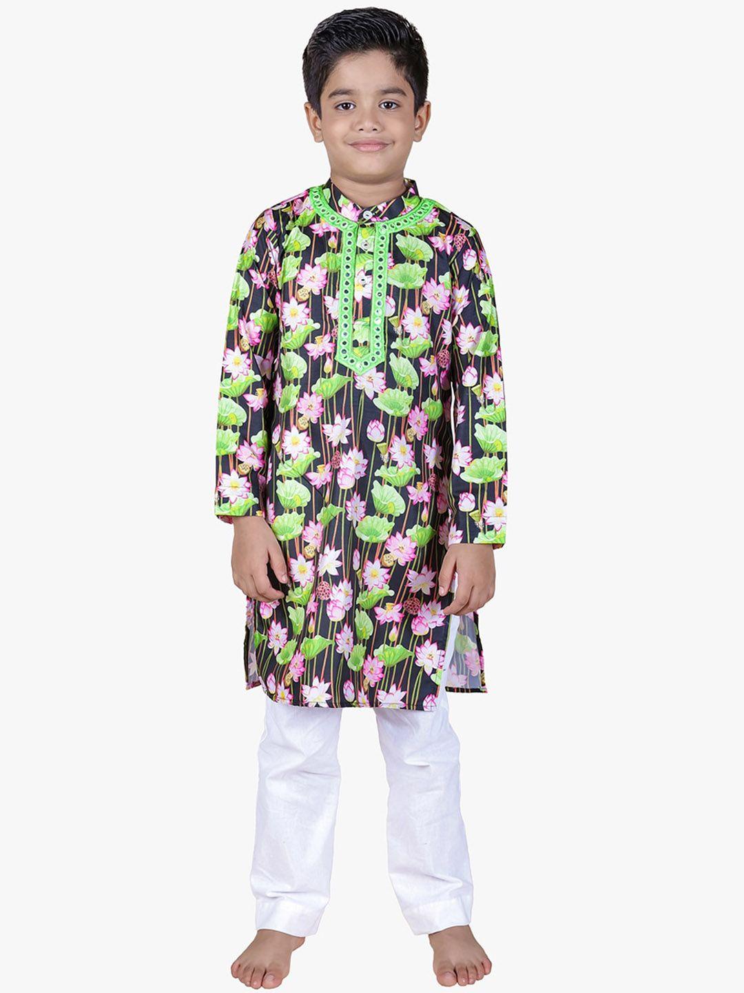 jilmil boys floral printed band collar mirror work kurta with trousers