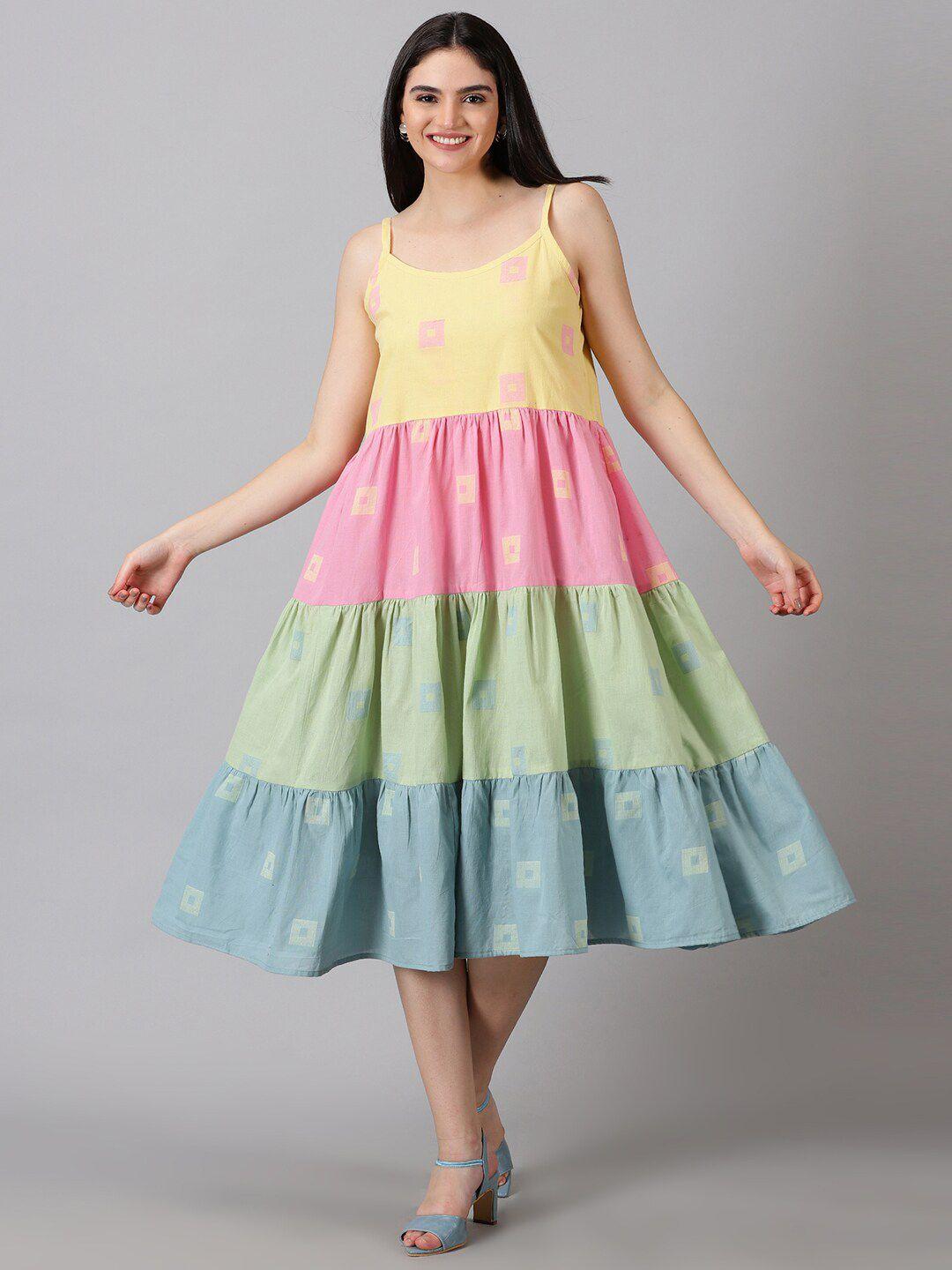 jilmil colourblocked shoulder strap gathered cotton fit & flare midi dress