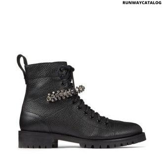 jimmy choo black grainy leather combat boots with crystal detail