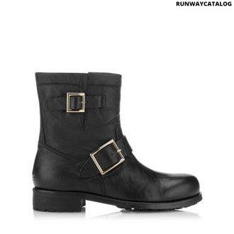 jimmy choo black leather biker boots with gold buckles