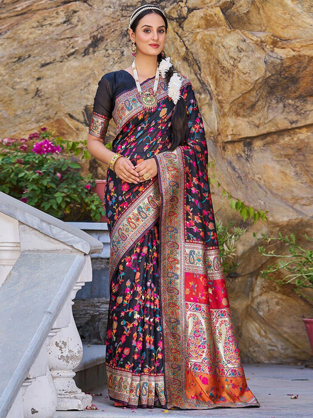 jinal & jinal  floral printed woven design zari banarasi saree