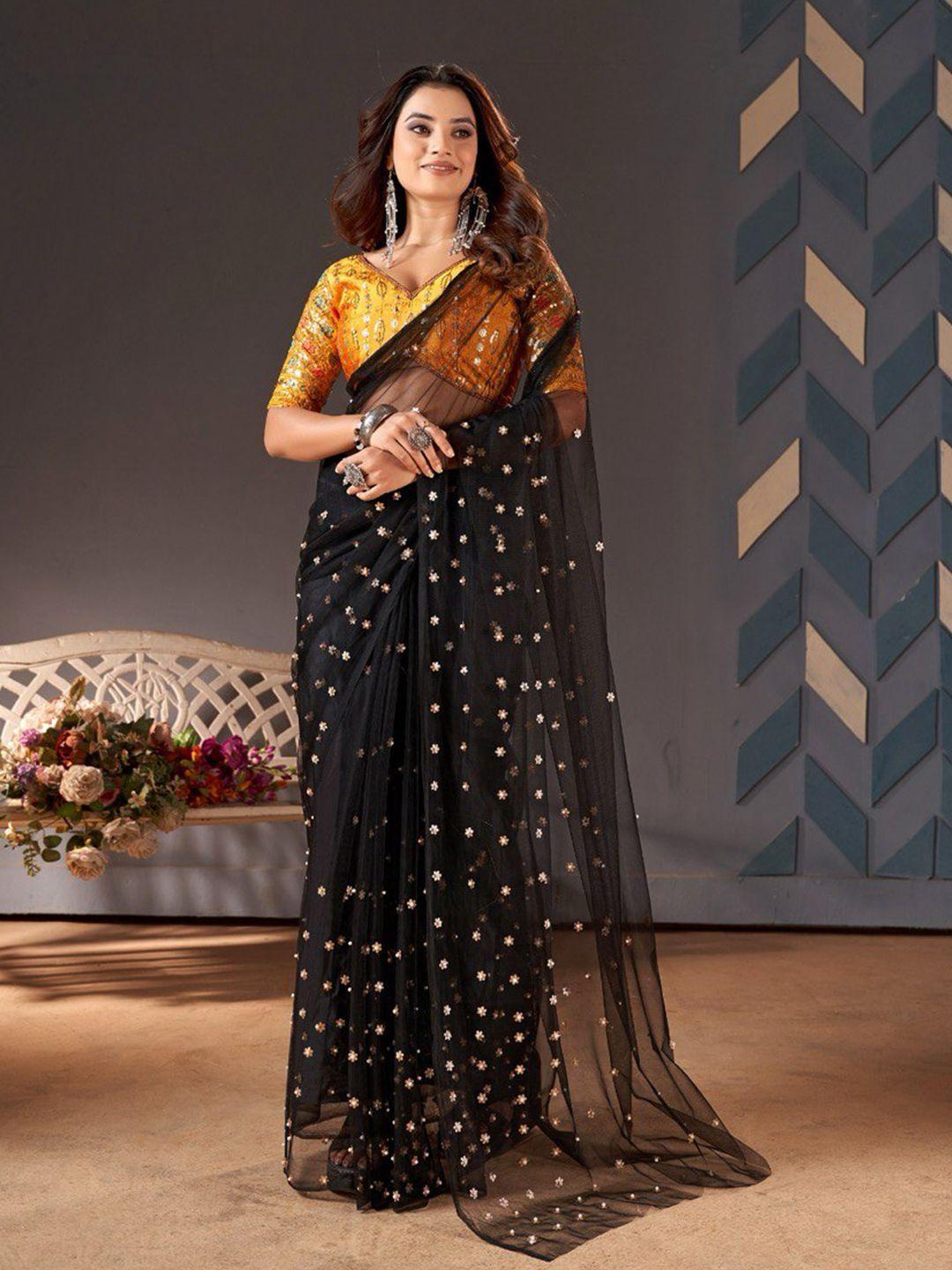 jinal & jinal black & gold-toned embellished beads and stones net saree