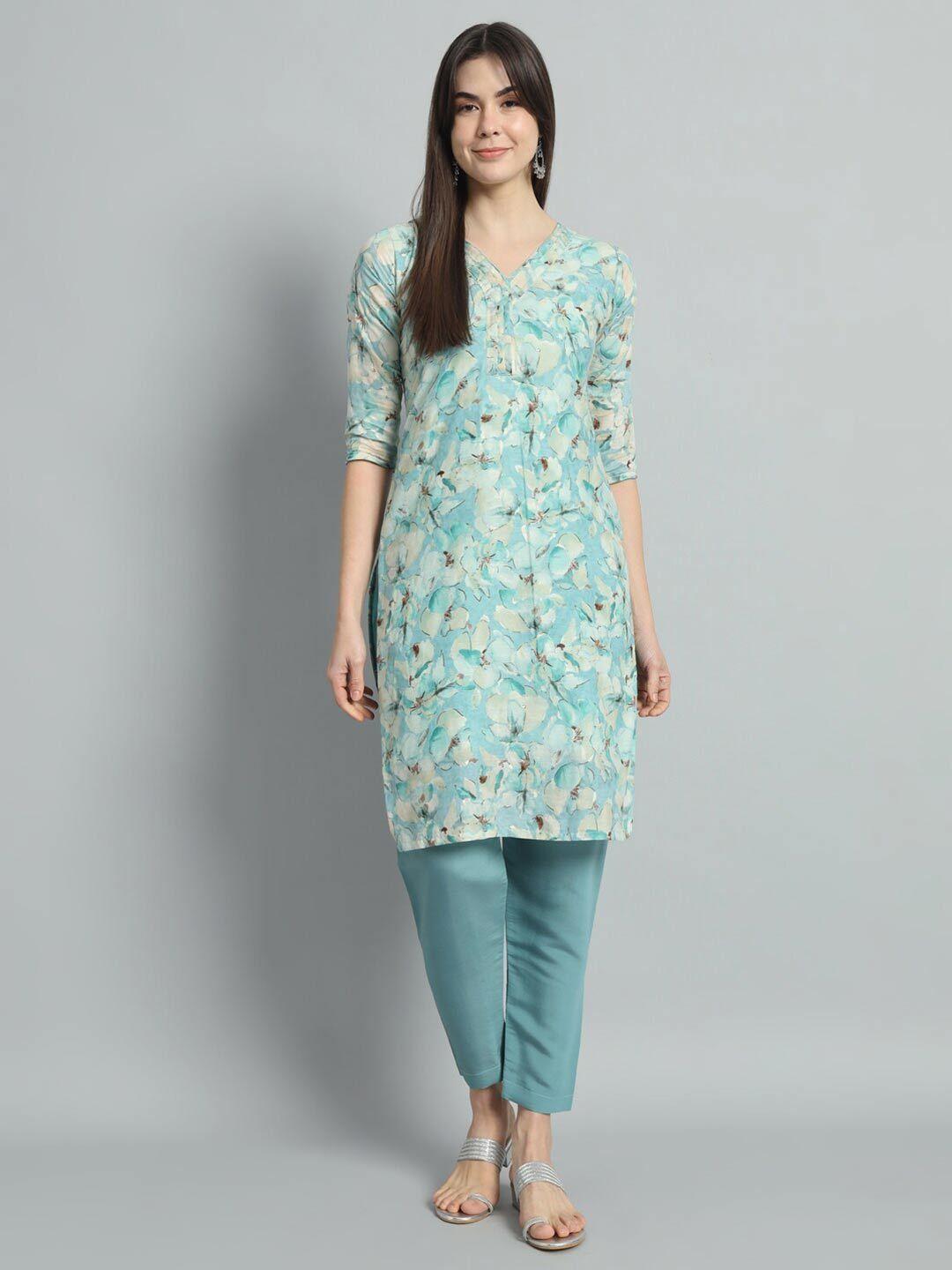 jinax v-neck floral printed straight chanderi cotton kurta with trousers