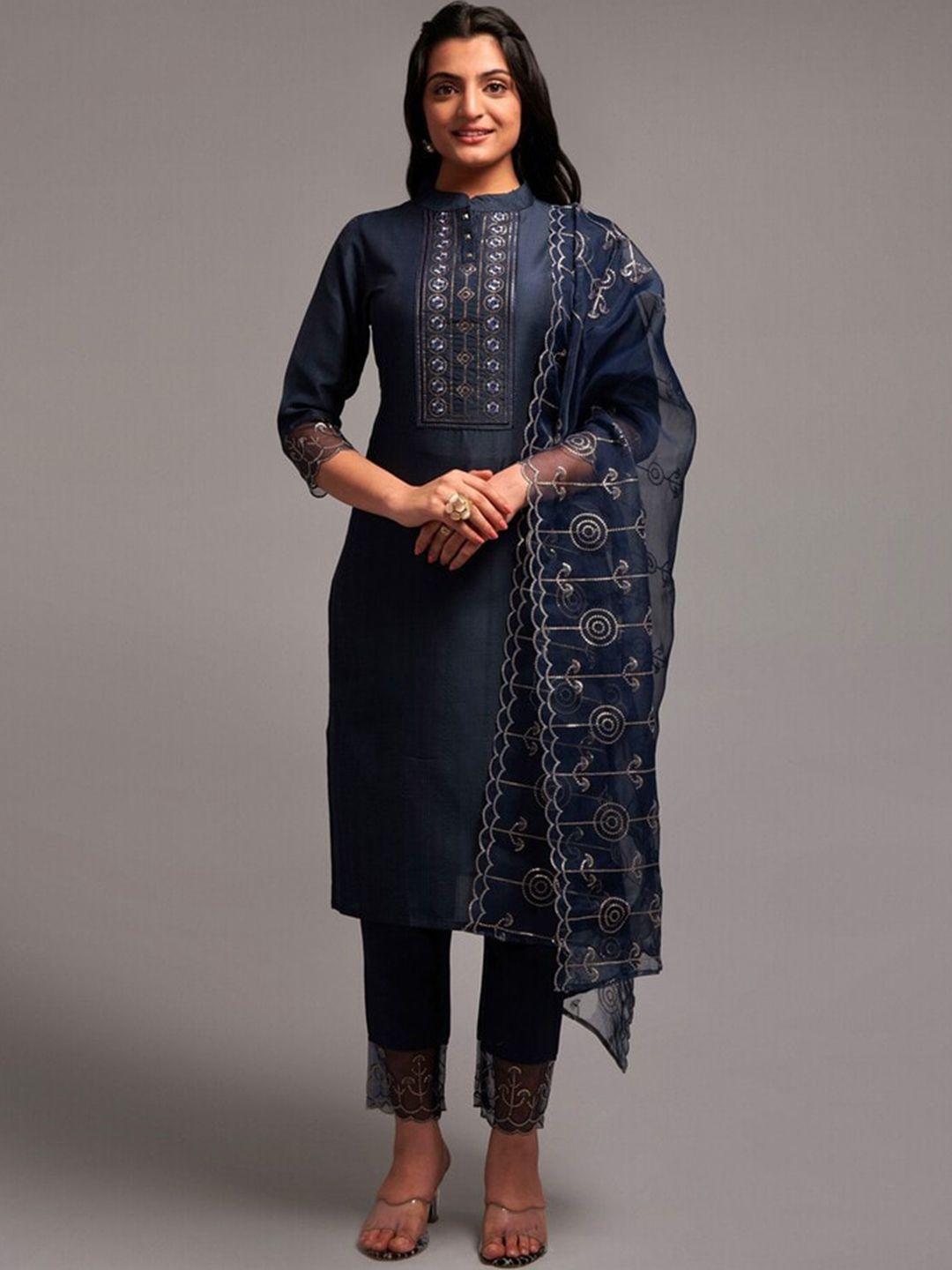 jinax women navy blue floral embroidered regular kurti with pyjamas & with dupatta