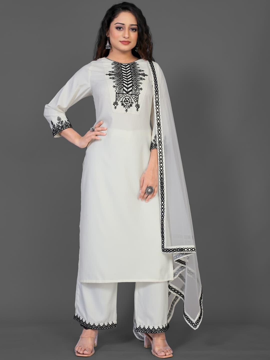 jinax women off white floral embroidered regular kurti with pyjamas & with dupatta