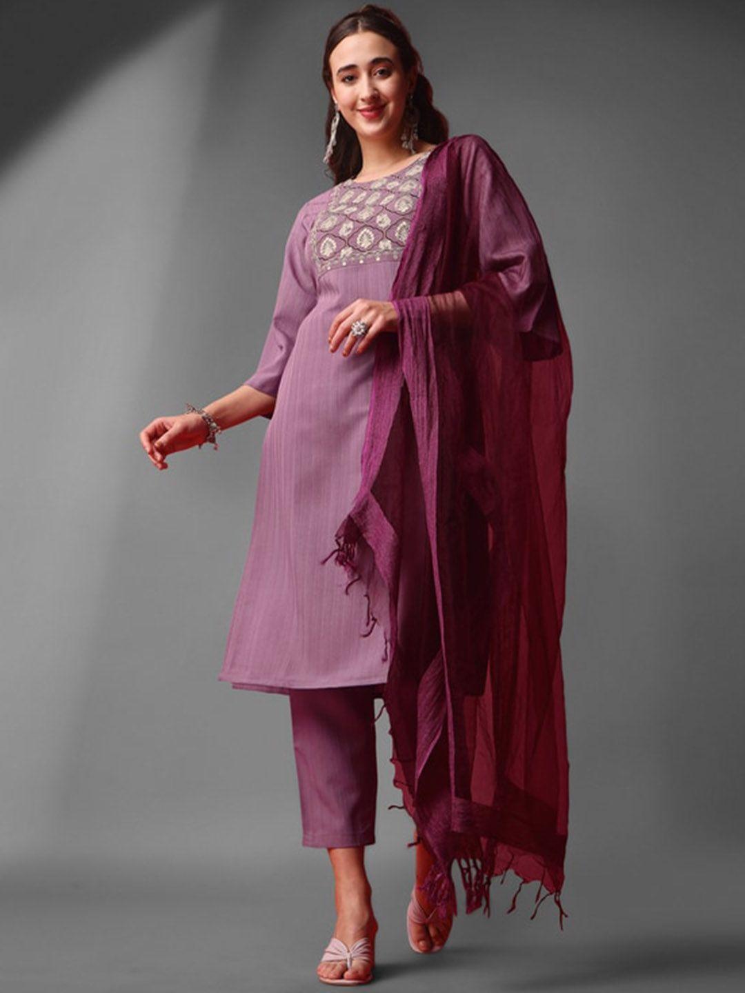 jinax women purple floral embroidered regular kurti with pyjamas & with dupatta