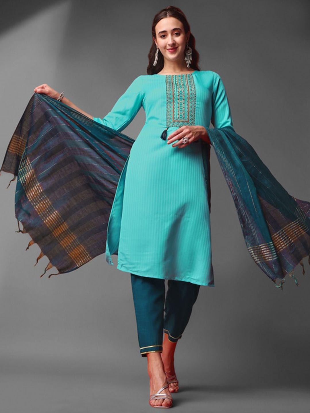 jinax women turquoise blue floral embroidered regular kurti with pyjamas & with dupatta