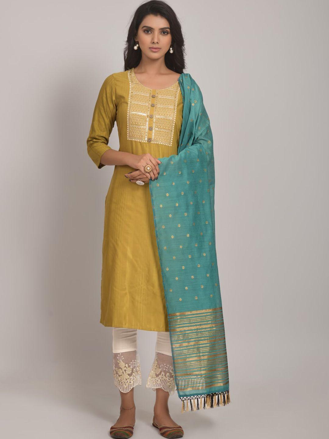 jinax women yellow floral embroidered regular kurti with pyjamas & with dupatta