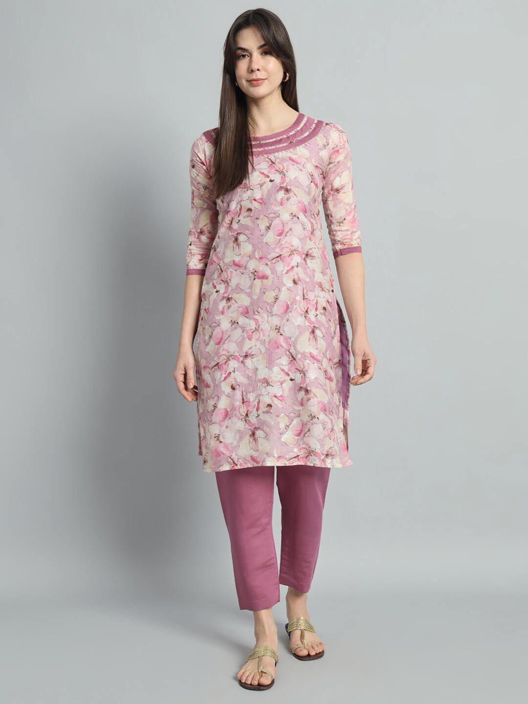 jinax round neck floral printed straight chanderi cotton kurta with trousers