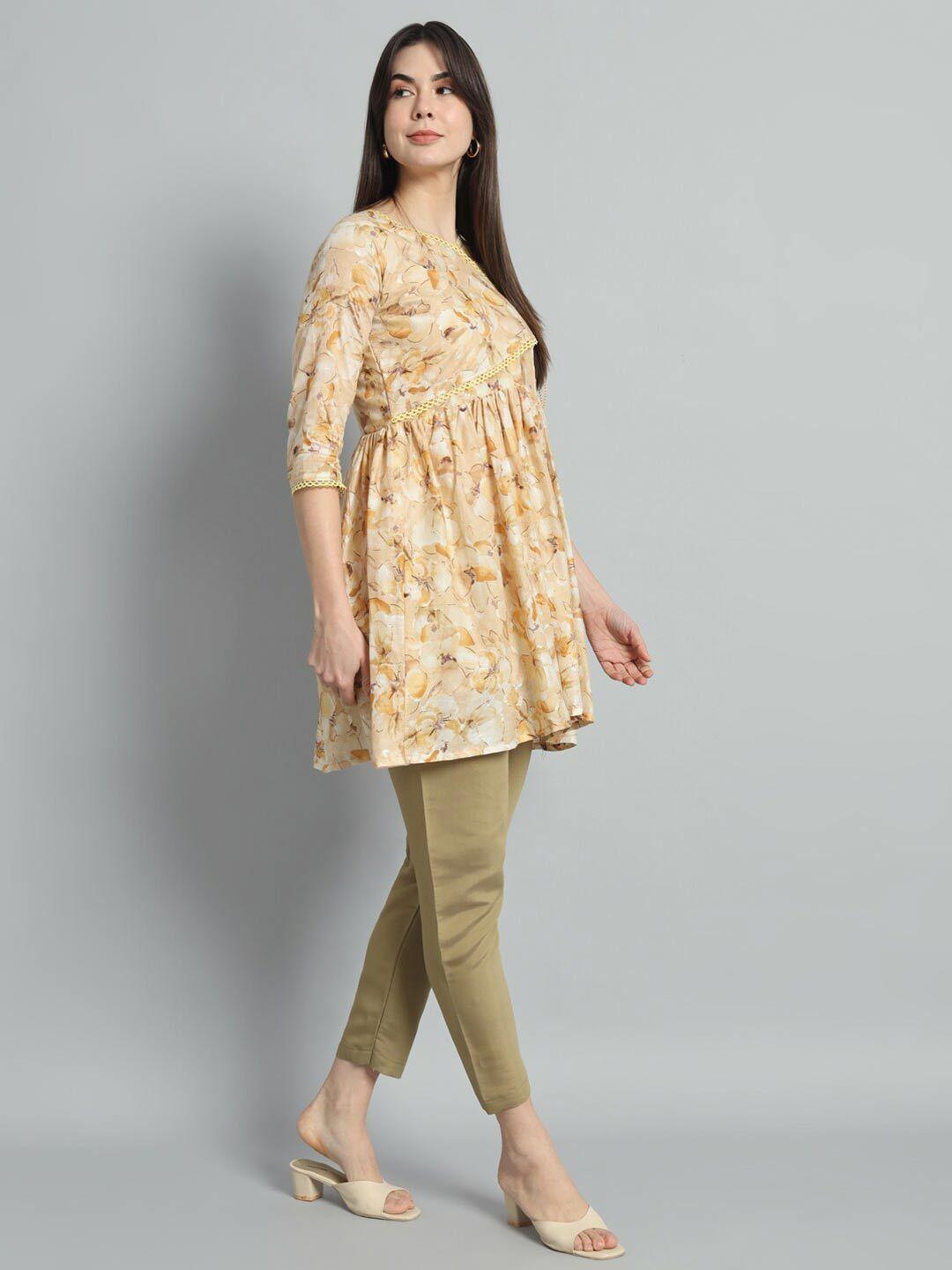 jinax v-neck floral printed a-line chanderi cotton kurti with trousers