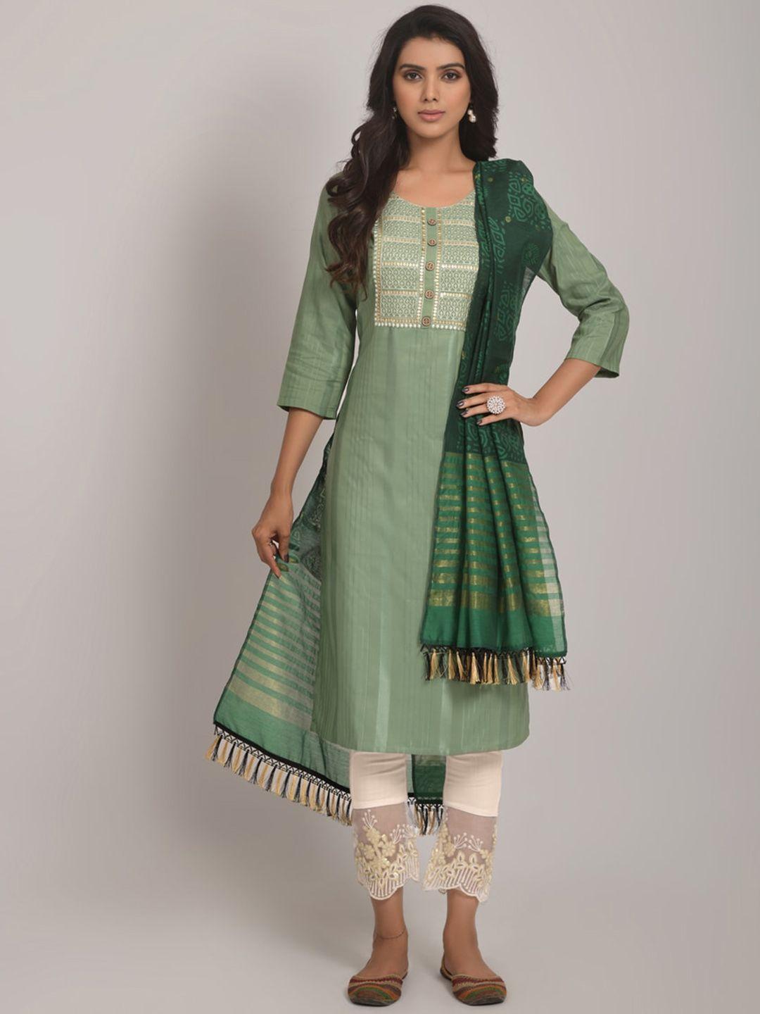 jinax women lime green floral embroidered regular kurti with pyjamas & with dupatta