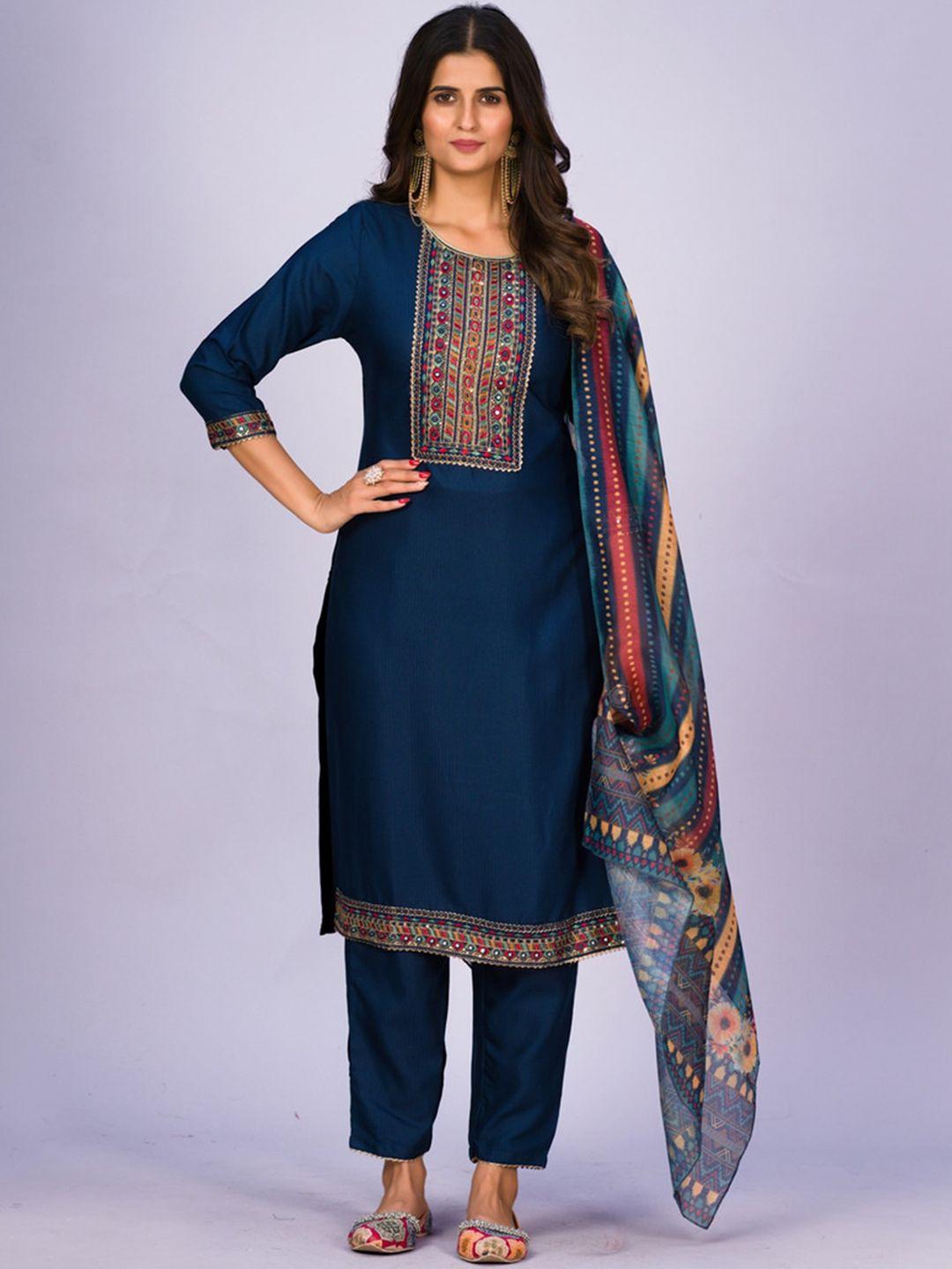 jinax women navy blue floral embroidered regular kurti with pyjamas & with dupatta