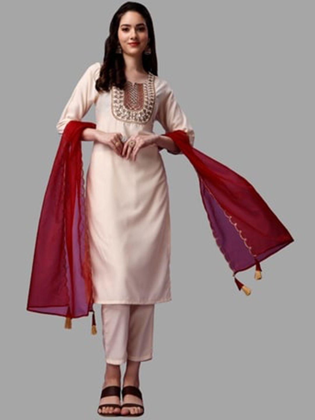 jinax women off white floral embroidered regular kurti with pyjamas & with dupatta