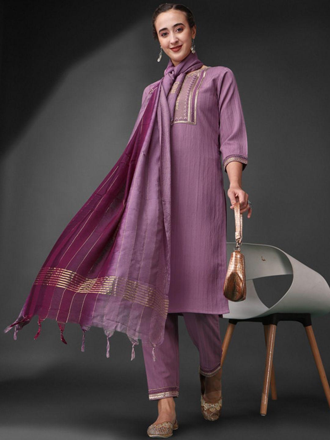 jinax women purple floral regular kurti with pyjamas & with dupatta