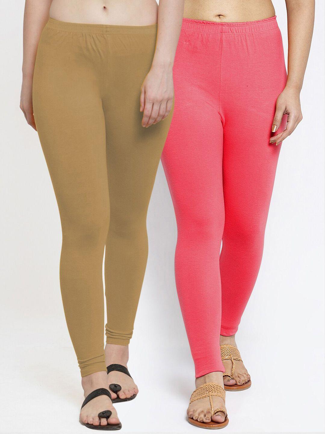jinfo pack of 2 beige & peach solid ankle-length leggings