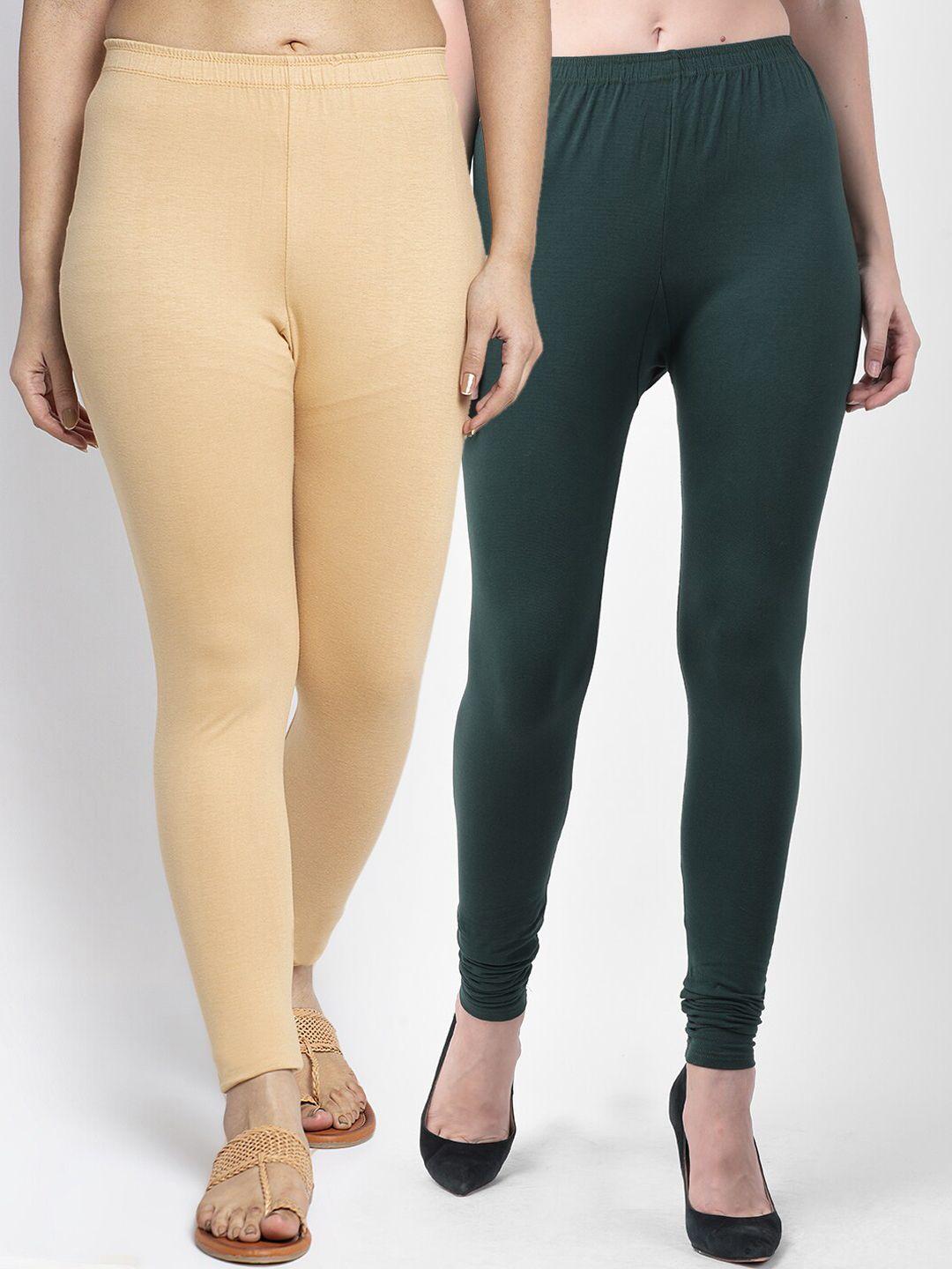 jinfo pack of 2 green & beige solid ankle length leggings