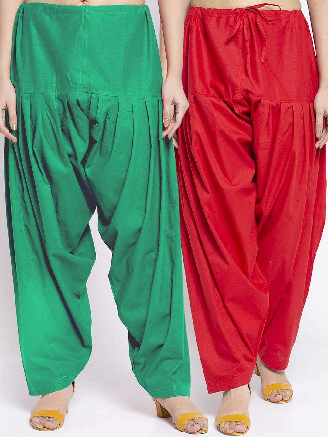 jinfo pack of 2 red & green cotton pleated salwar