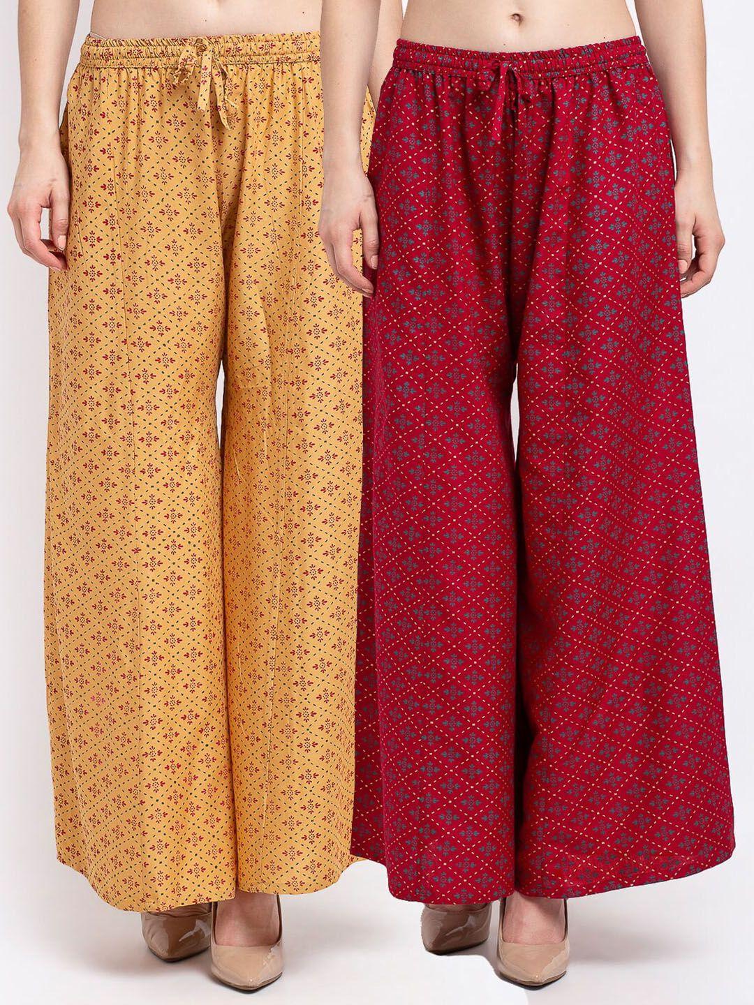 jinfo women beige & maroon pack of 2 floral printed flared fit palazzos