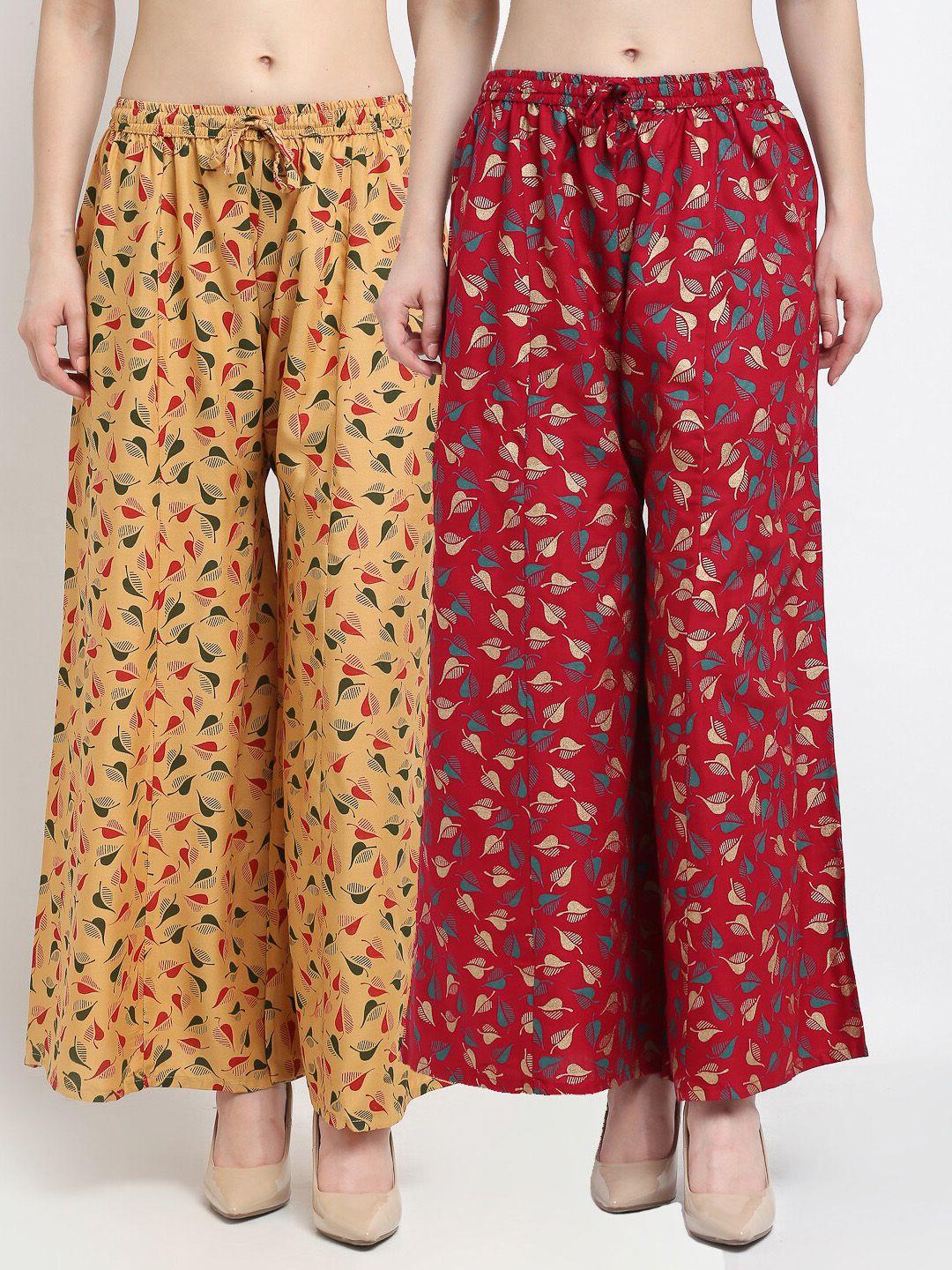 jinfo women beige & maroon set of 2 floral printed flared ethnic palazzos
