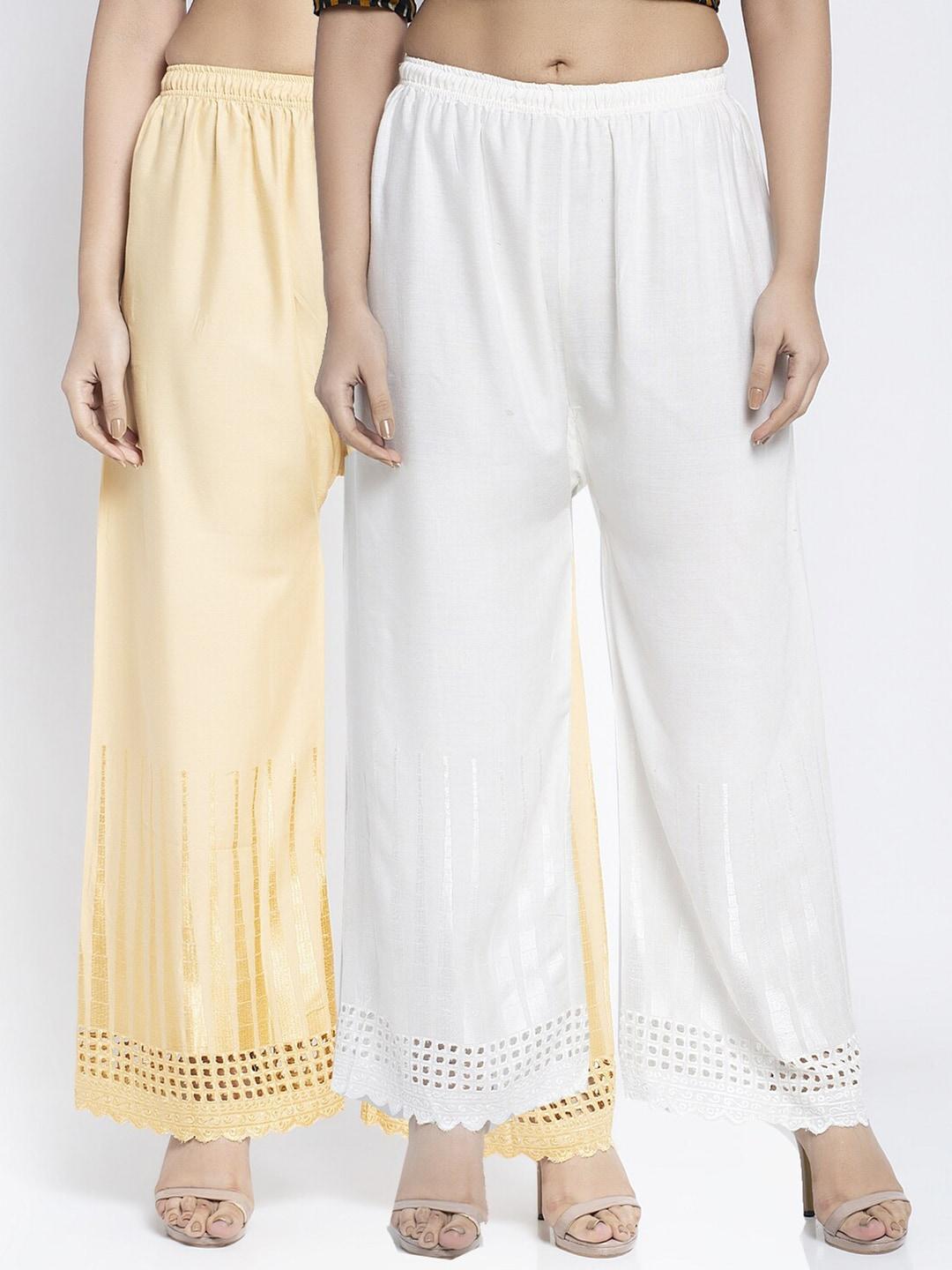 jinfo women beige & off-white set of 2 self design straight fit palazzo