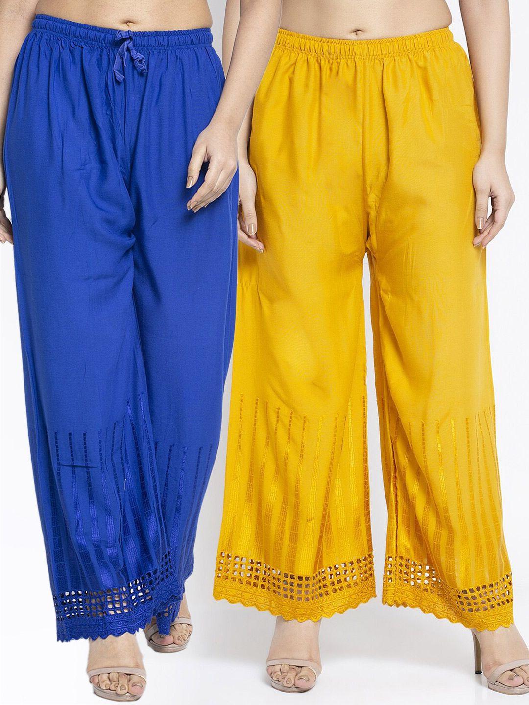 jinfo women blue & yellow set of 2 flared ethnic palazzos