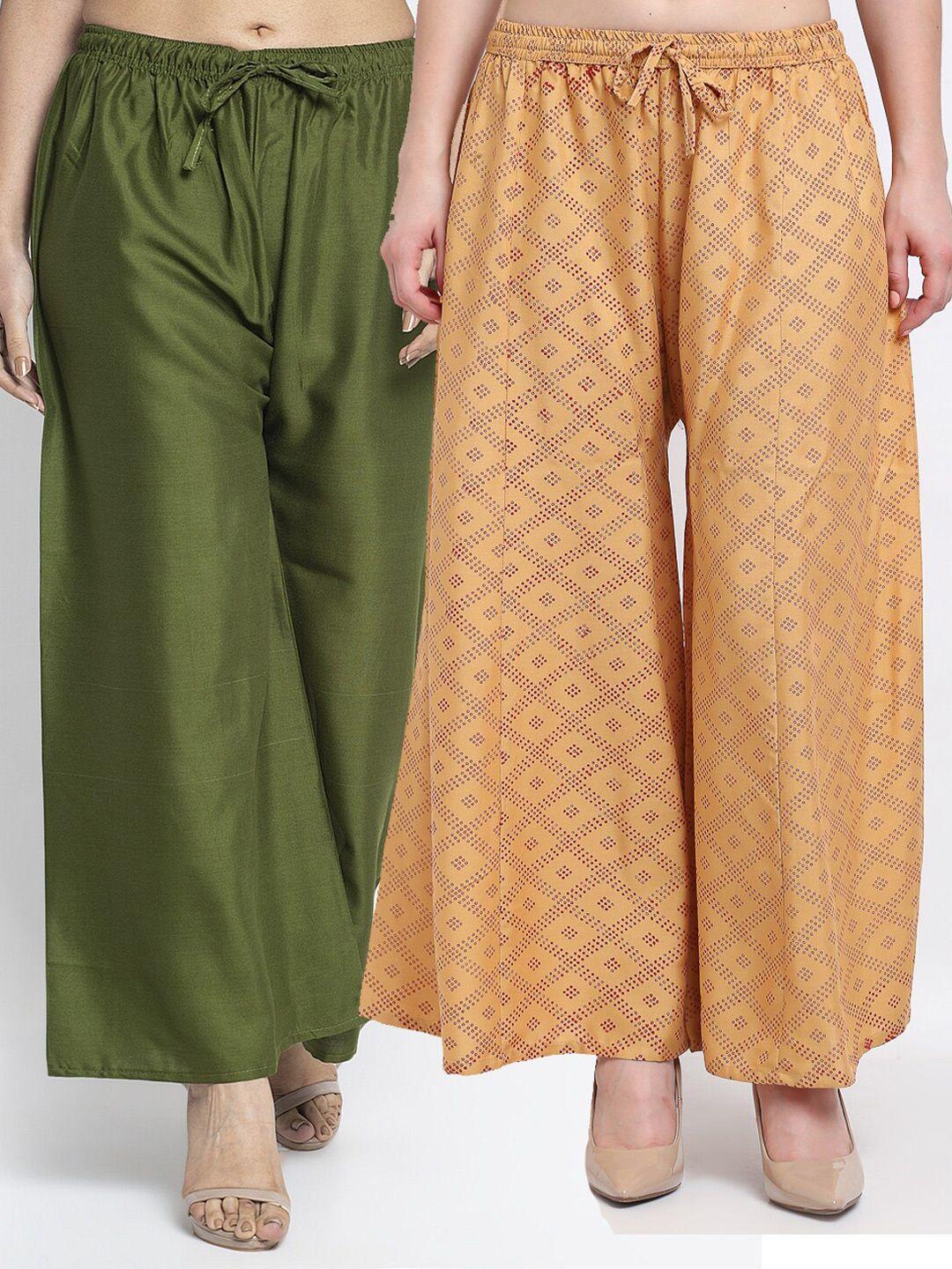 jinfo women green & beige set of 2 printed flared knitted ethnic palazzos