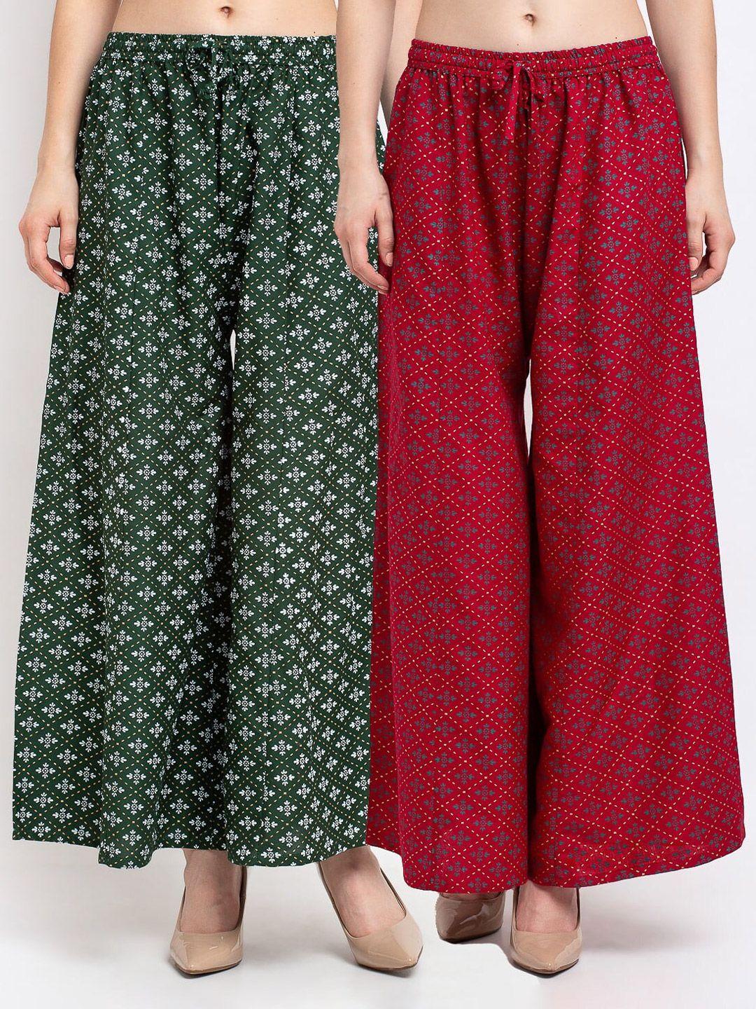 jinfo women green & maroon set of 2 printed flared ethnic palazzos
