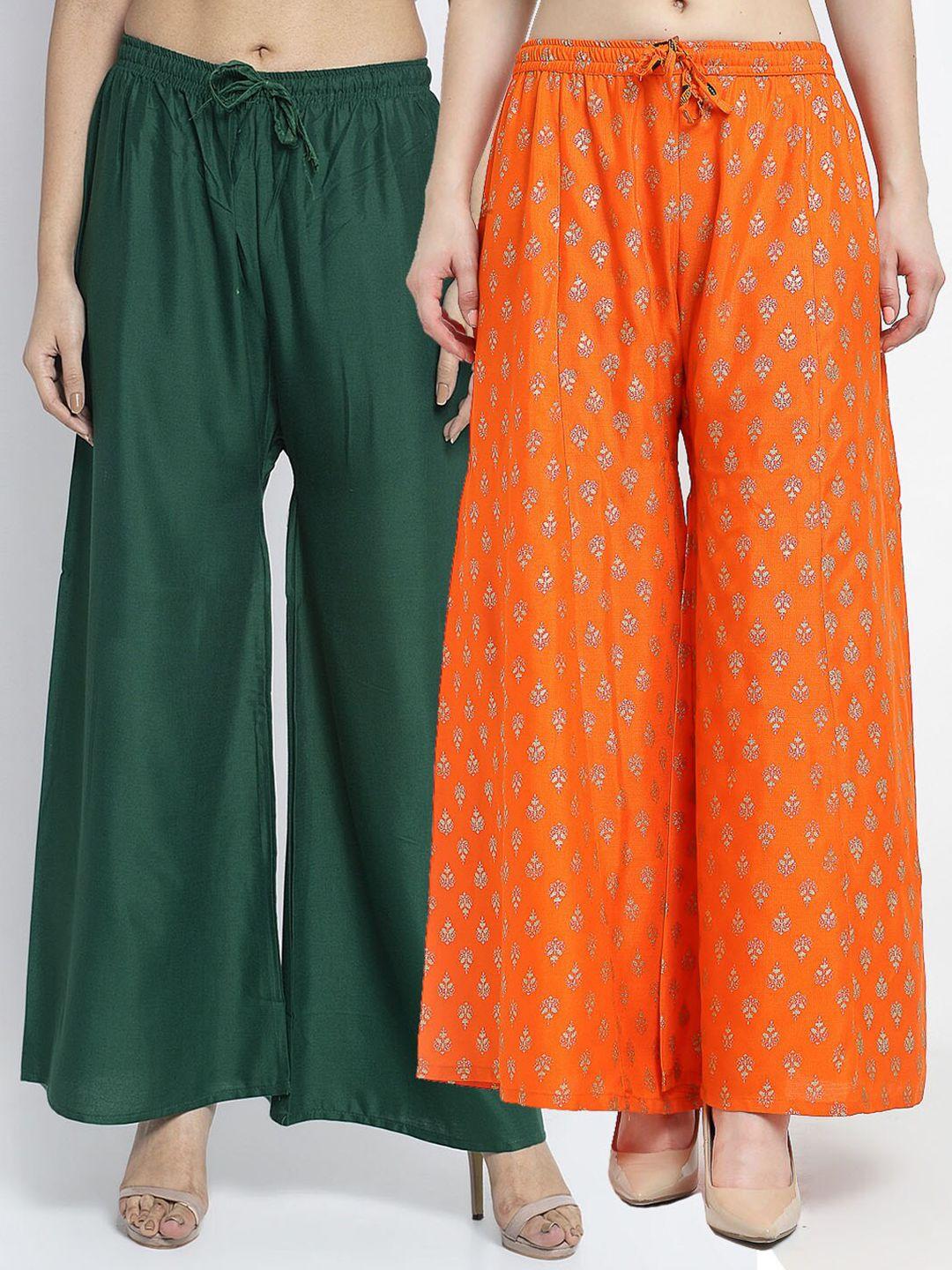 jinfo women green & orange set of 2 2 printed flared knitted ethnic palazzos