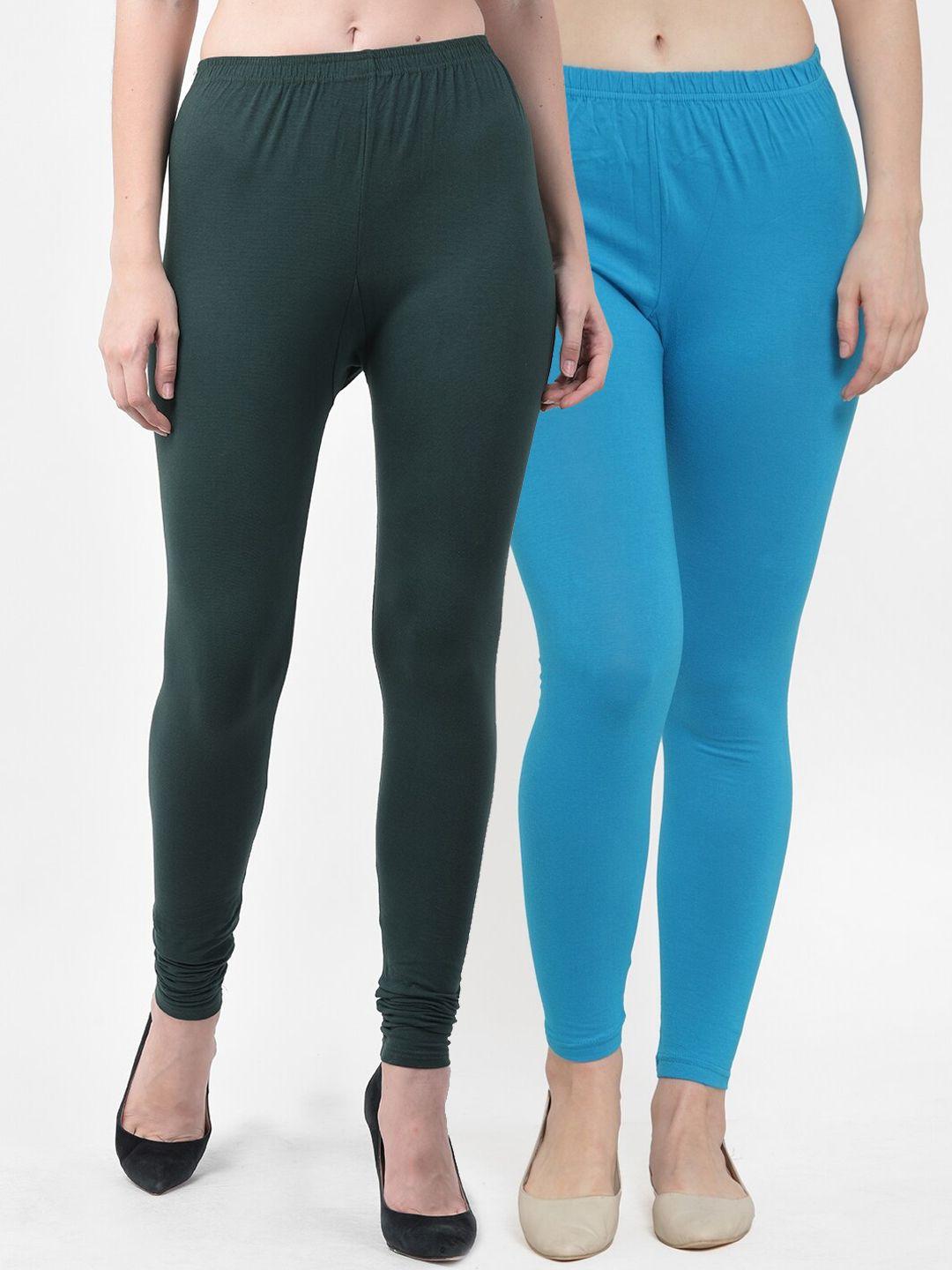 jinfo women green & turquoise blue pack of 2 solid leggings
