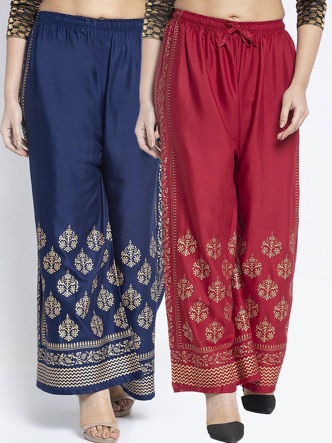 jinfo women maroon & navy blue set of 2 ethnic motifs printed flared ethnic palazzos