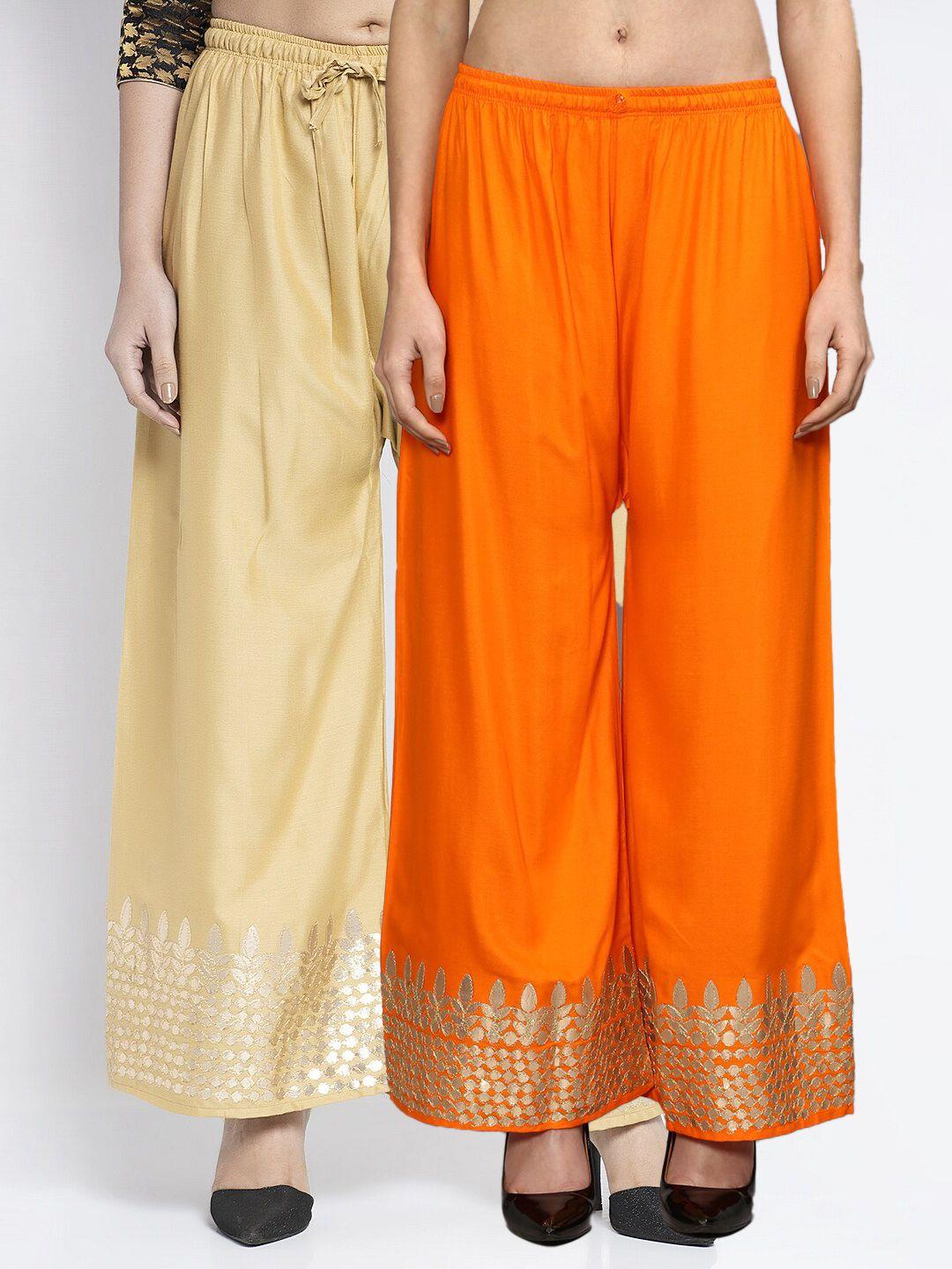 jinfo women orange & beige  pack of 2 gota bottom printed flared ethnic palazzos