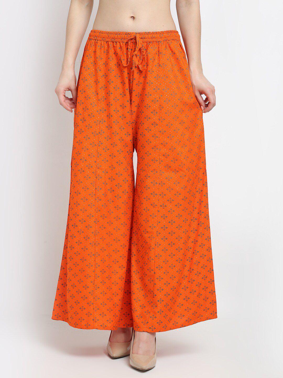 jinfo women orange & grey floral printed flared knitted palazzos