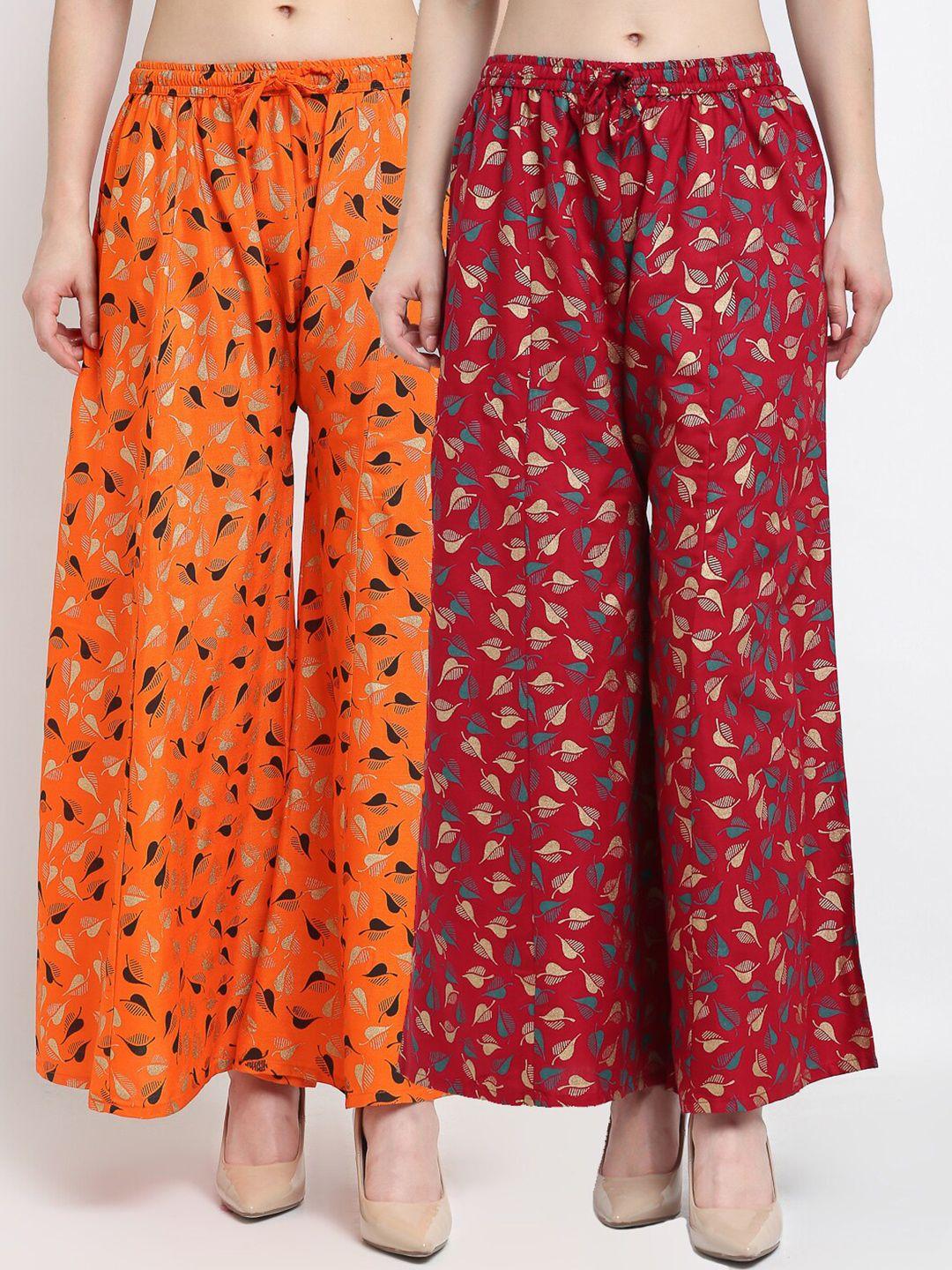 jinfo women orange & maroon set of 2 floral printed flared fit palazzo