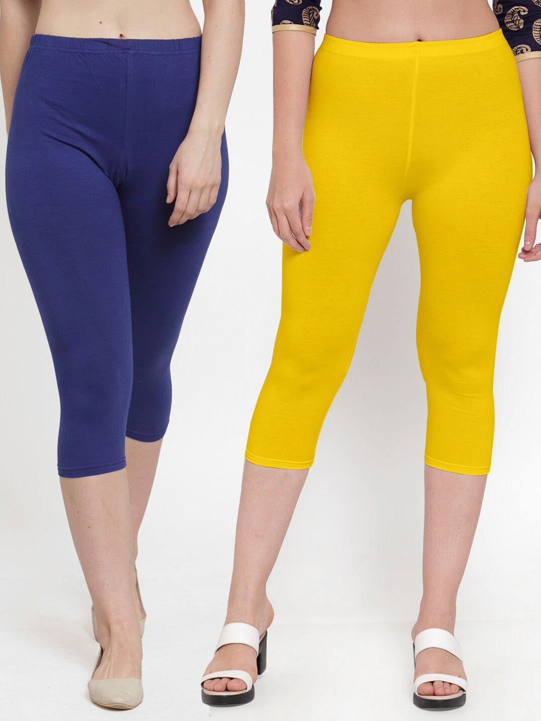 jinfo women pack of 2 blue & yellow solid capris