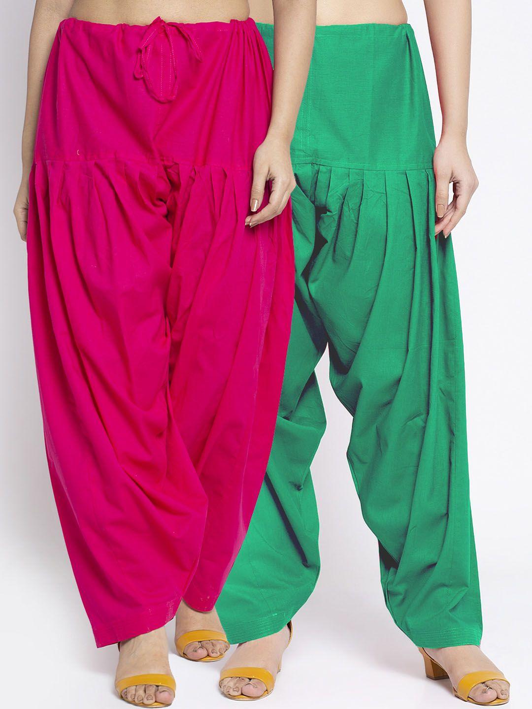 jinfo women pack of 2 fuchsia pink & green solid cotton salwar