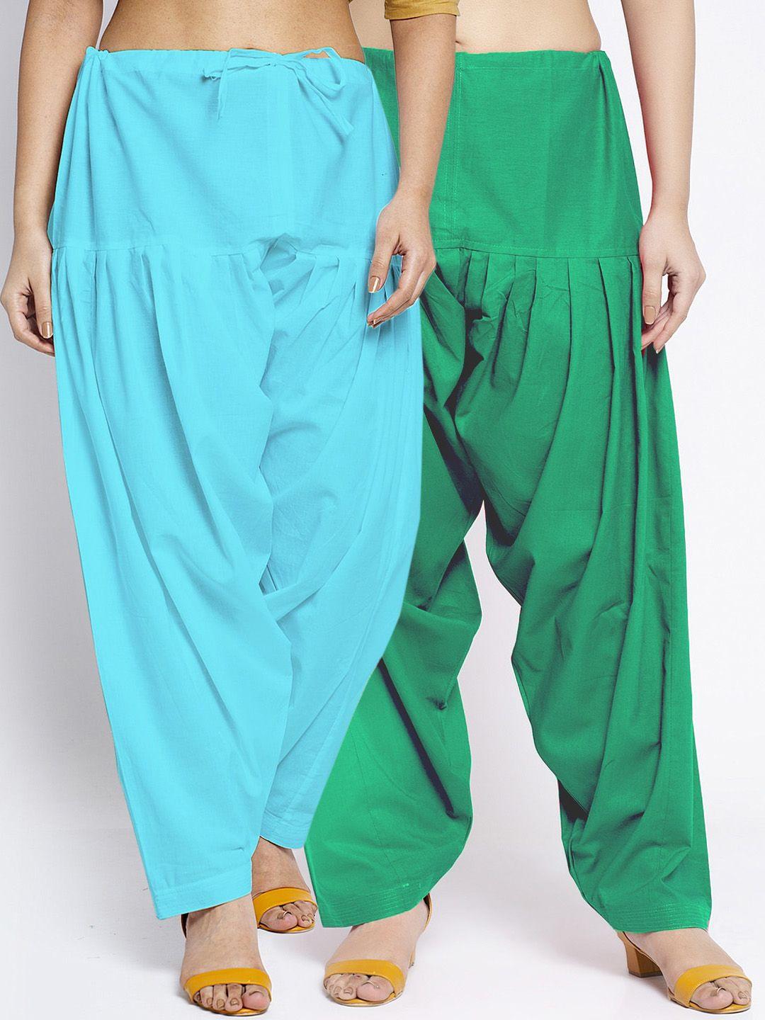jinfo women pack of 2 green & blue solid loose fit cotton salwars